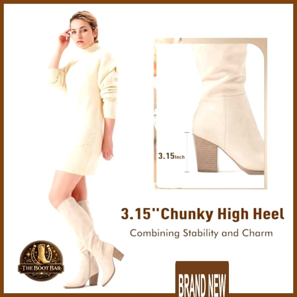 Knee High Boots Western Pointed Toe Chunky Heel Faux Leather Tall Fashion - Picture 4 of 7